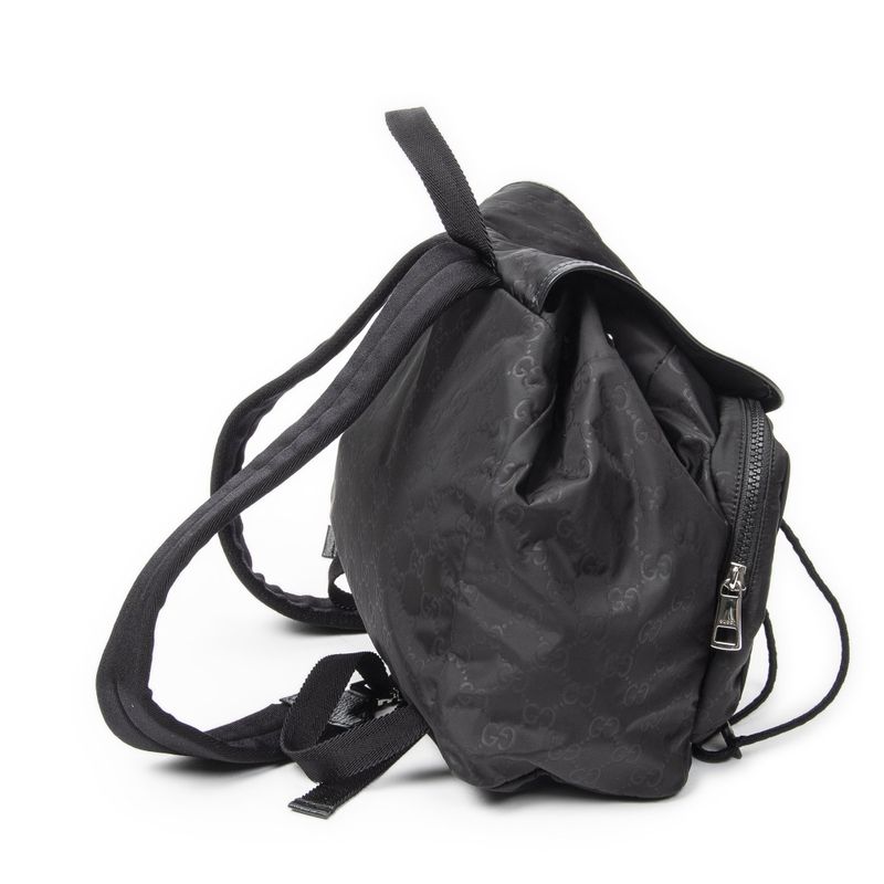 Gucci Double Pocket Drawstring Backpack Black GG Nylon Canvas