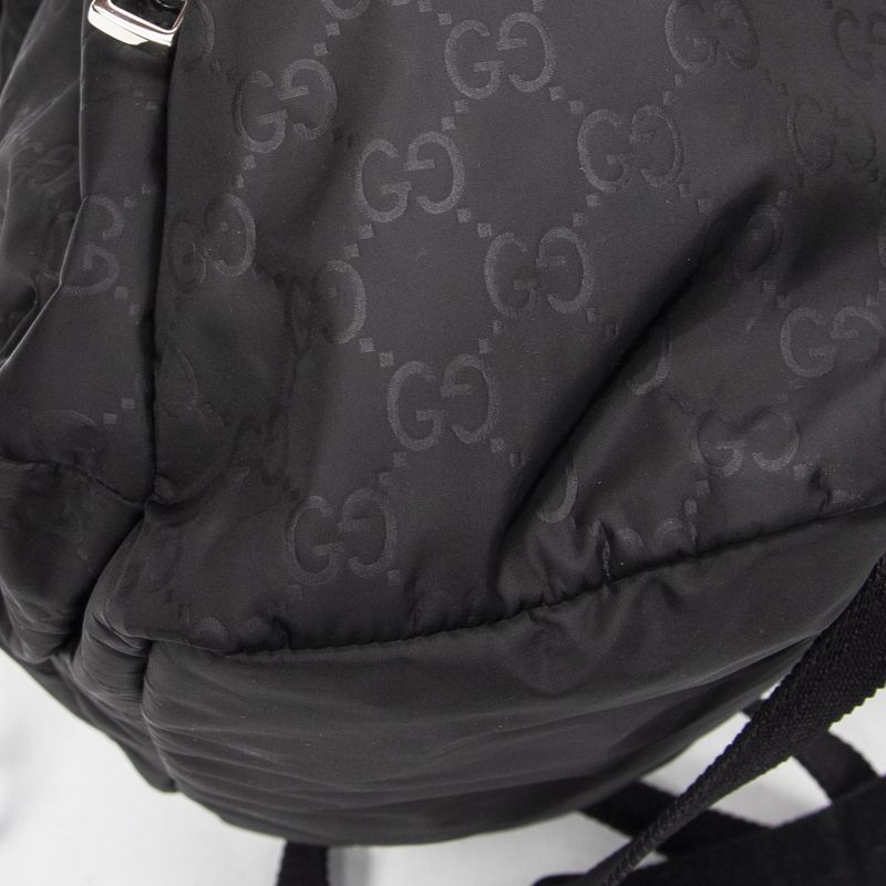 Gucci Double Pocket Drawstring Backpack Black GG Nylon Canvas
