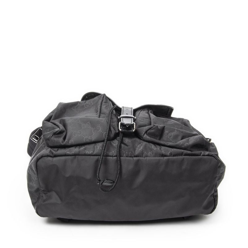 Gucci Double Pocket Drawstring Backpack Black GG Nylon Canvas