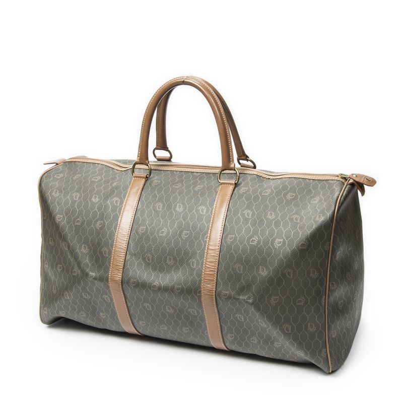 Dior Vintage Large Travel Boston Green Brown Honeycomb Canvas Shoulder Bag