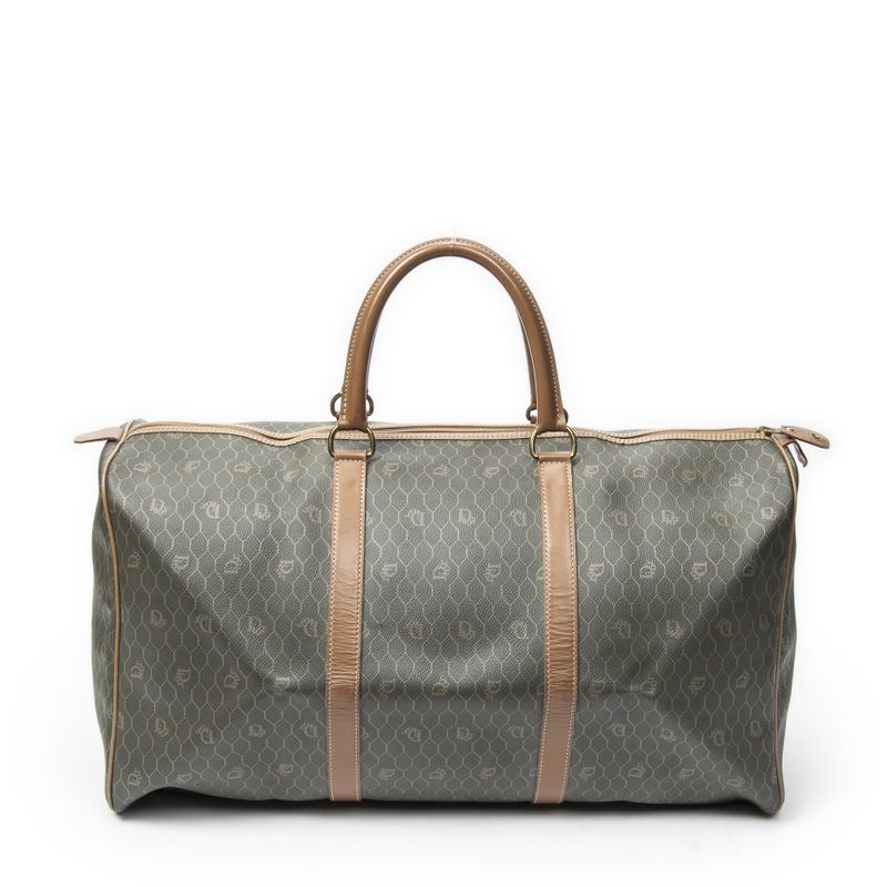 Dior Vintage Large Travel Boston Green Brown Honeycomb Canvas Shoulder Bag