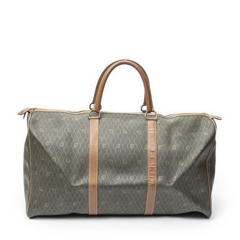 Dior Vintage Large Travel Boston Green Brown Honeycomb Canvas Shoulder Bag