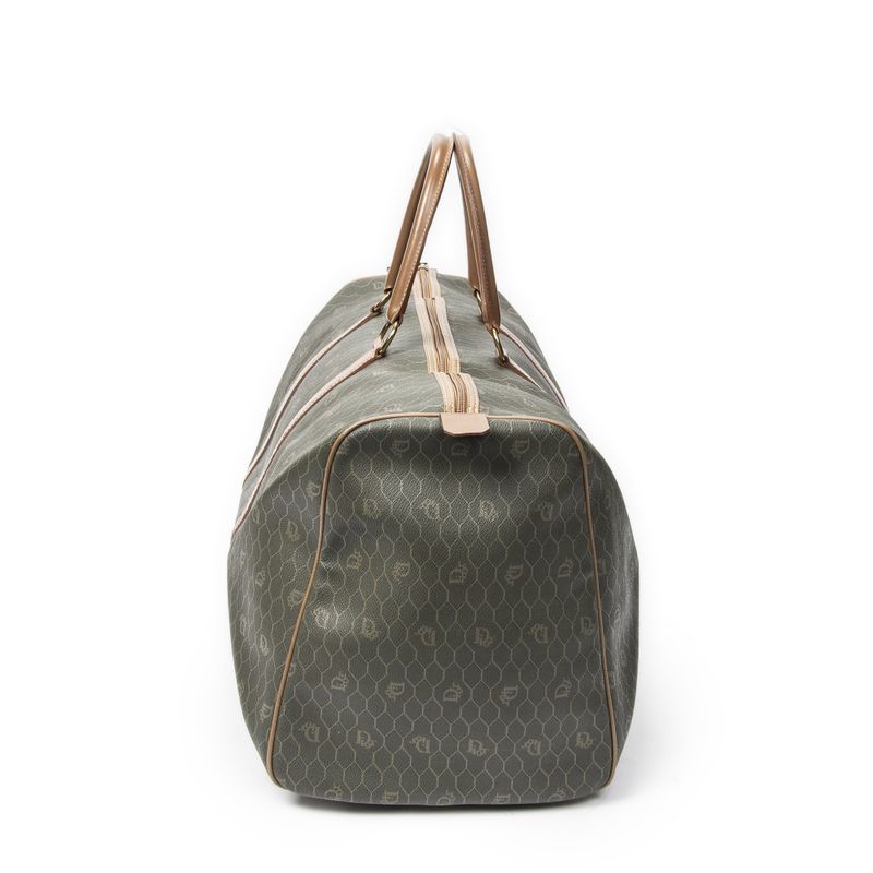 Dior Vintage Large Travel Boston Green Brown Honeycomb Canvas Shoulder Bag