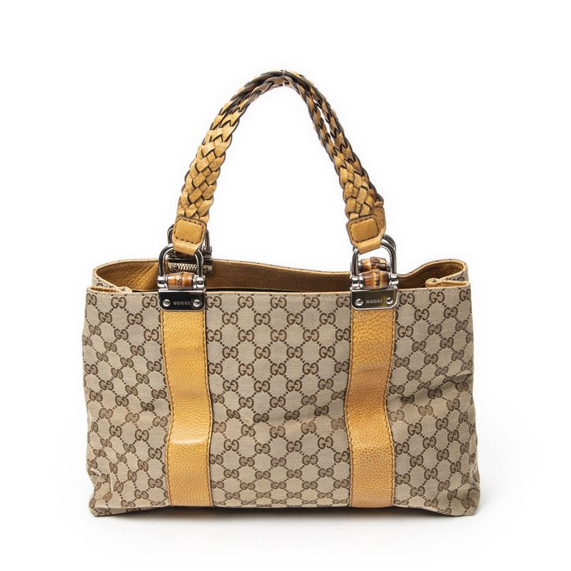 Gucci Bamber Tongue Beige GG Canvas Shoulder Bag Tan