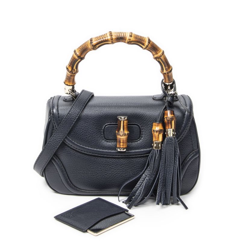 Gucci Midi Ambabu Top Handle Flap Navy Grain Calfskin Leather