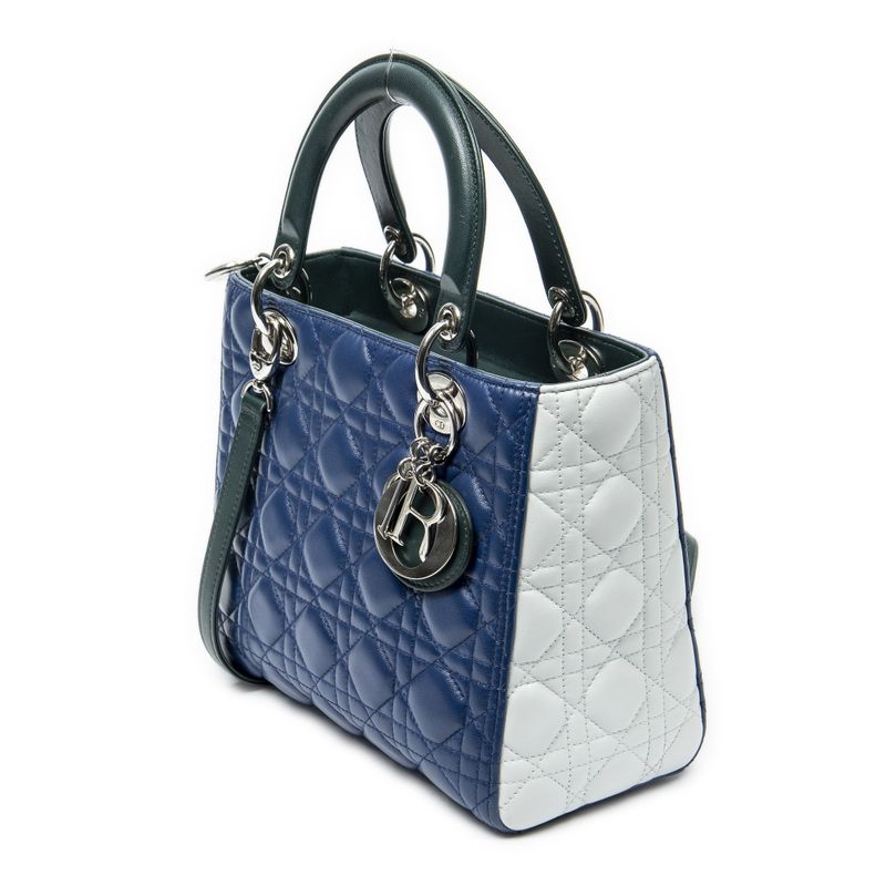 Dior Tricolor Lady Dior Zip Green Blue Ivory Cannaji Lambskin Leather Handbag