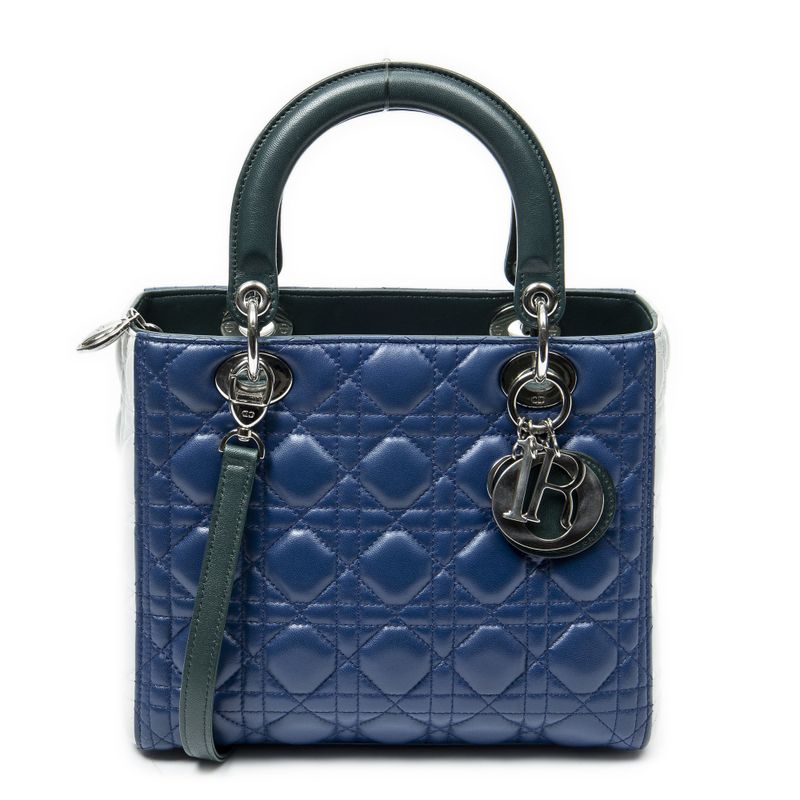 Dior Tricolor Lady Dior Zip Green Blue Ivory Cannaji Lambskin Leather Handbag