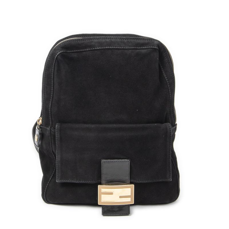 Fendi Baguette Logo Backpack Black Suede Leather