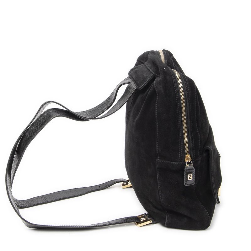 Fendi Baguette Logo Backpack Black Suede Leather