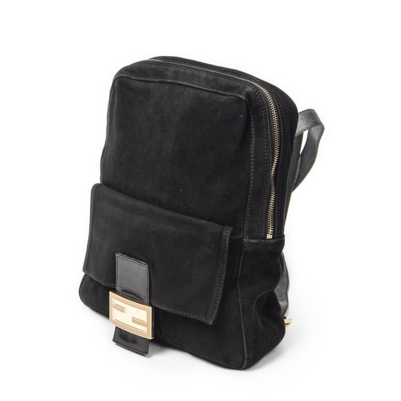Fendi Baguette Logo Backpack Black Suede Leather