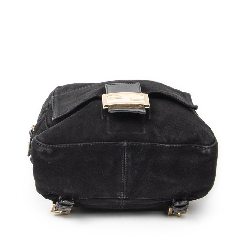 Fendi Baguette Logo Backpack Black Suede Leather
