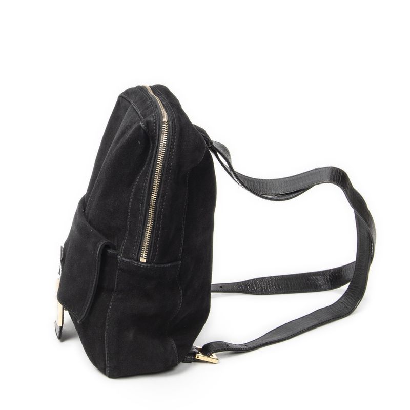 Fendi Baguette Logo Backpack Black Suede Leather