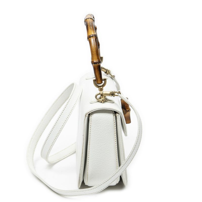 Gucci Small Bamboo Top Handle Flap White Grain Calfskin Leather