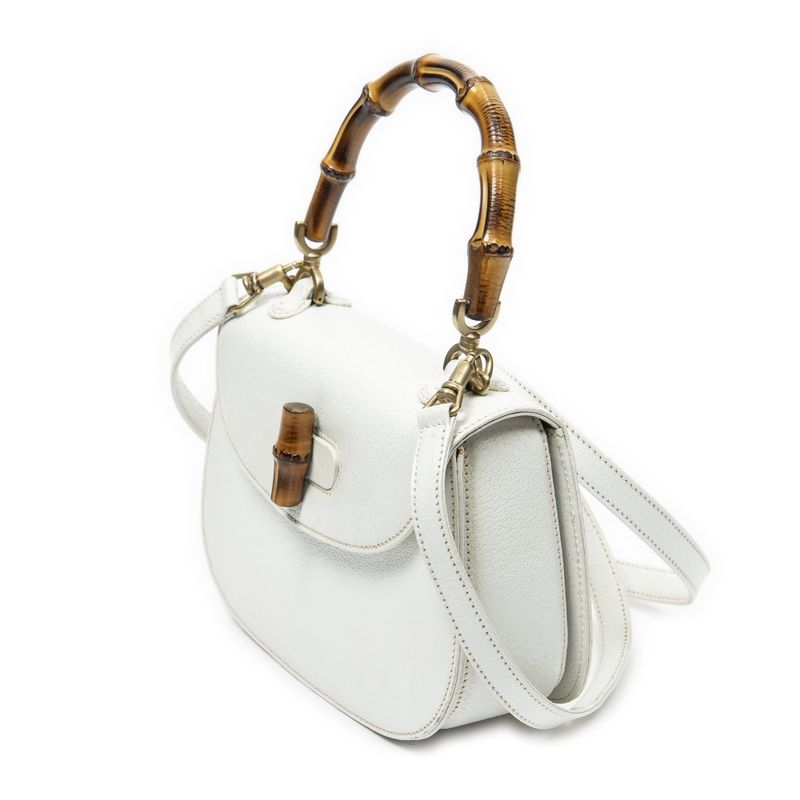 Gucci Small Bamboo Top Handle Flap White Grain Calfskin Leather