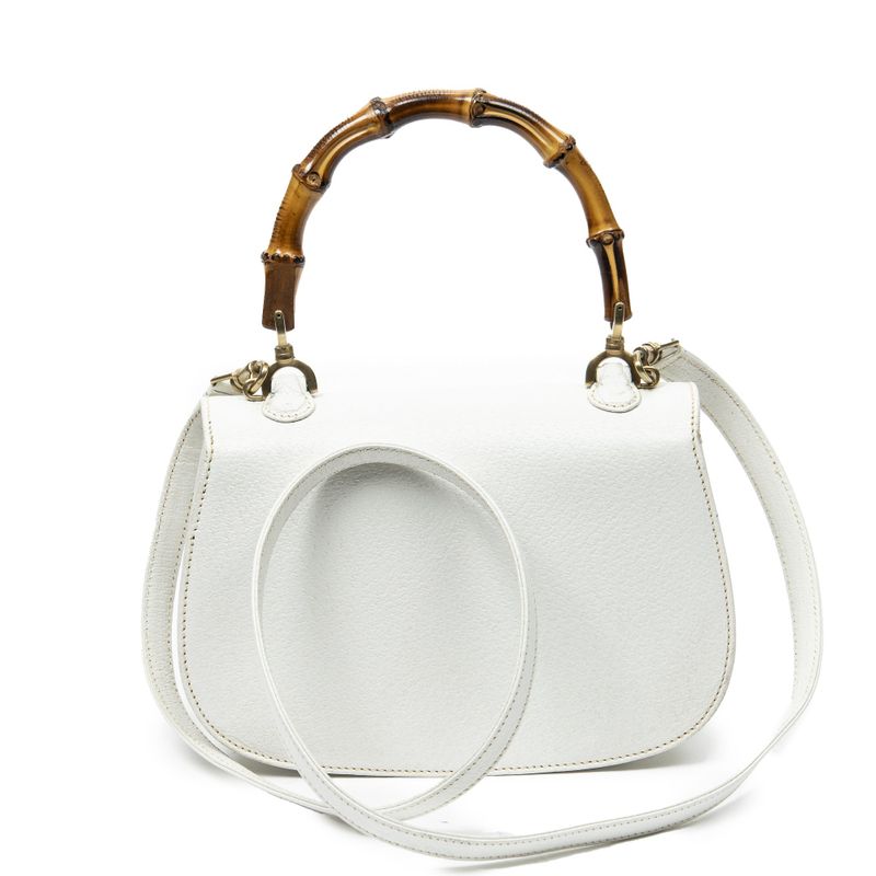 Gucci Small Bamboo Top Handle Flap White Grain Calfskin Leather