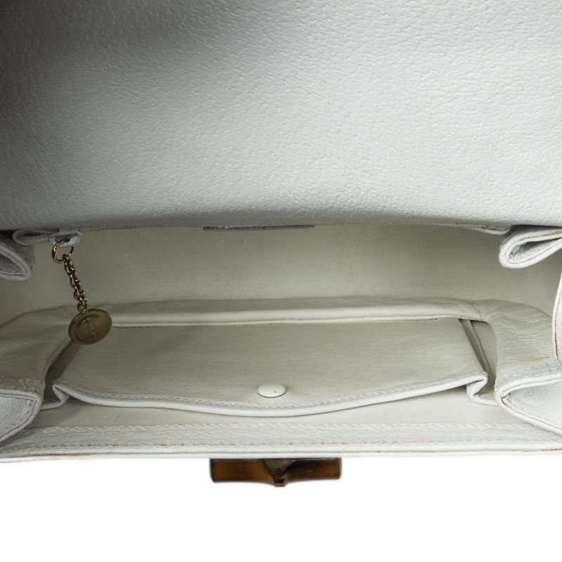 Gucci Small Bamboo Top Handle Flap White Grain Calfskin Leather