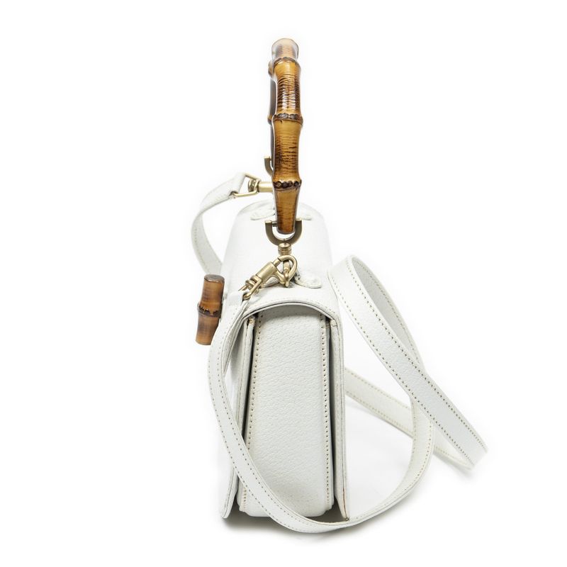 Gucci Small Bamboo Top Handle Flap White Grain Calfskin Leather