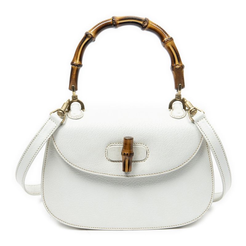 Gucci Small Bamboo Top Handle Flap White Grain Calfskin Leather