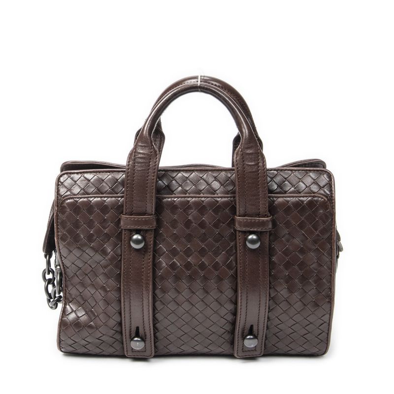 Bottega Veneta Top Handle Satchel Brown Intrecciato Leather