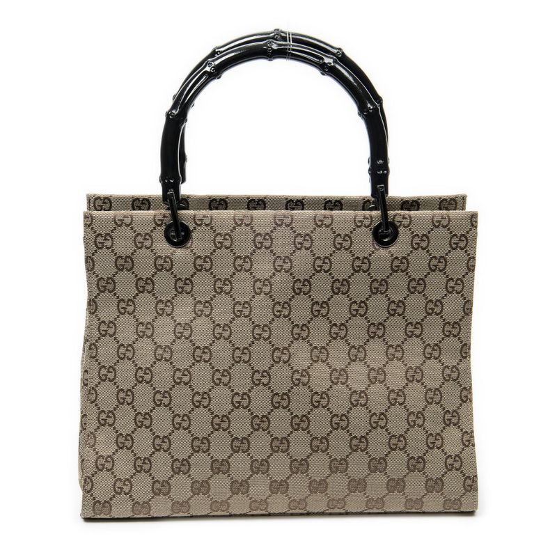 Gucci Large Square Bamboo Tote Black Beige GG Canvas
