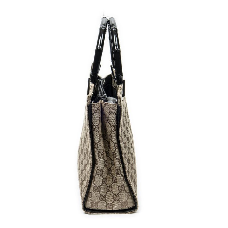 Gucci Large Square Bamboo Tote Black Beige GG Canvas