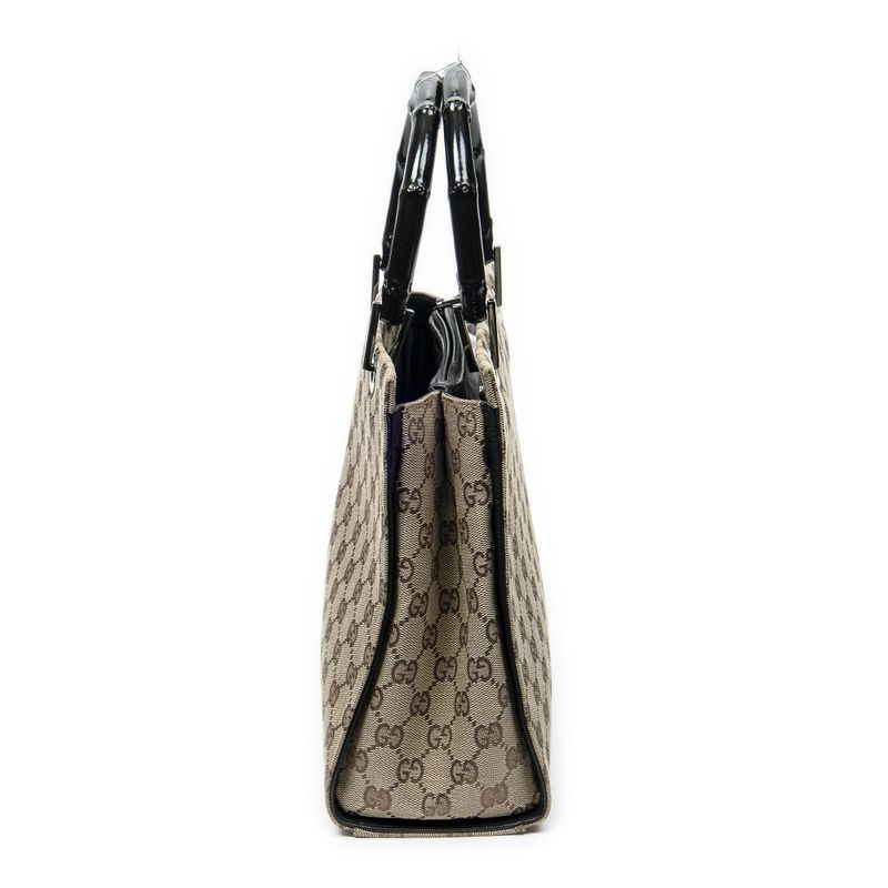 Gucci Large Square Bamboo Tote Black Beige GG Canvas