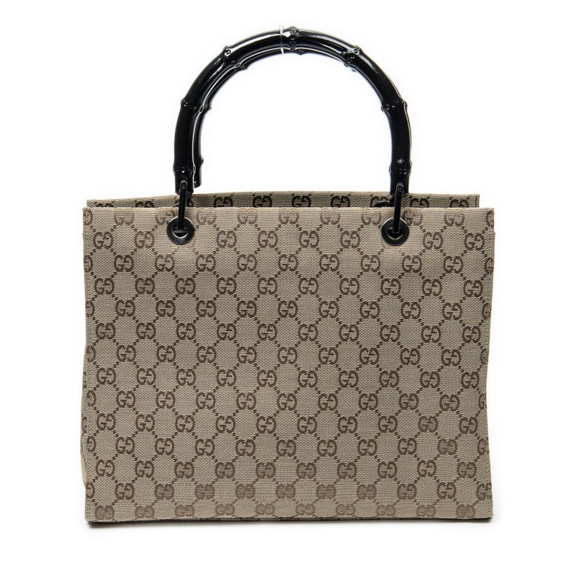 Gucci Large Square Bamboo Tote Black Beige GG Canvas