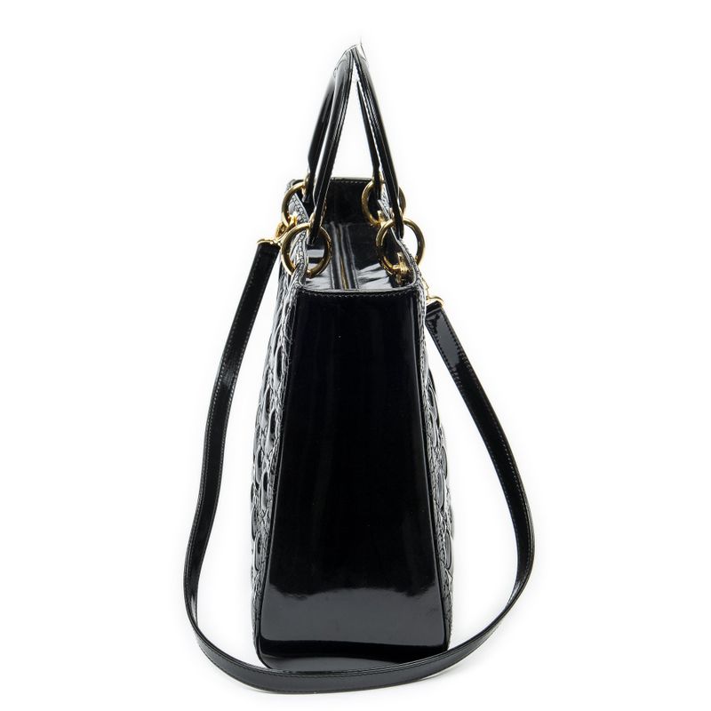 Dior Large Lady Dior Zip Black Cannage Patent Leather Handbag