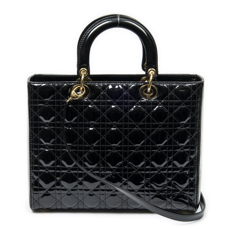 Dior Large Lady Dior Zip Black Cannage Patent Leather Handbag