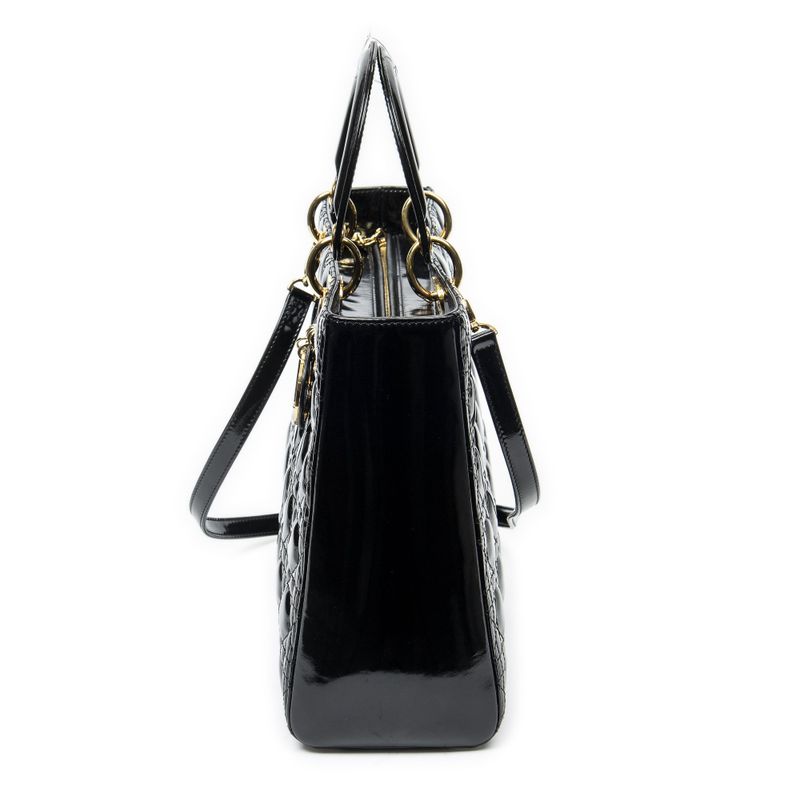Dior Large Lady Dior Zip Black Cannage Patent Leather Handbag