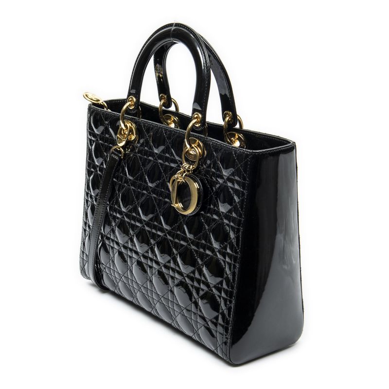 Dior Large Lady Dior Zip Black Cannage Patent Leather Handbag