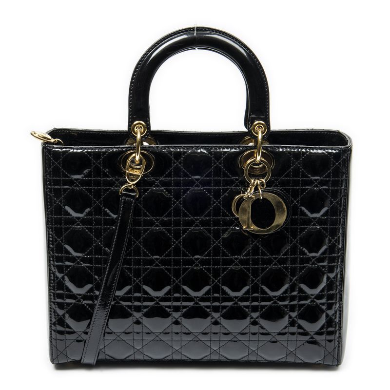 Dior Large Lady Dior Zip Black Cannage Patent Leather Handbag