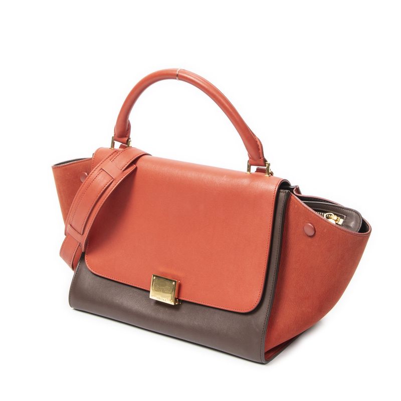 Celine Small Bicolor Trapeze Terracotta Brown Calfskin Leather Shoulder Bag