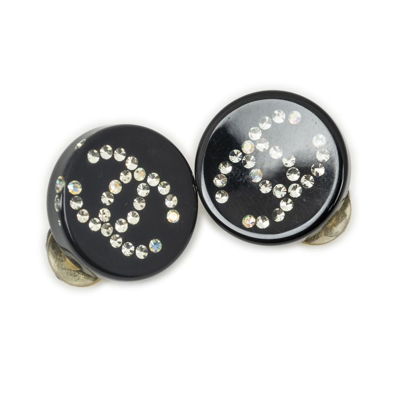 Chanel CC Resin Rhinestone Clip on Earrings Silver Plated