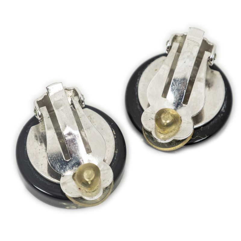 Chanel CC Resin Rhinestone Clip on Earrings Silver Plated