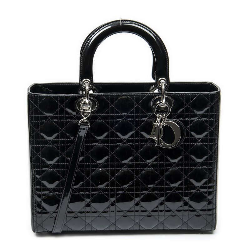 Dior Large Lady Dior Zip Black Cannage Patent Leather Handbag