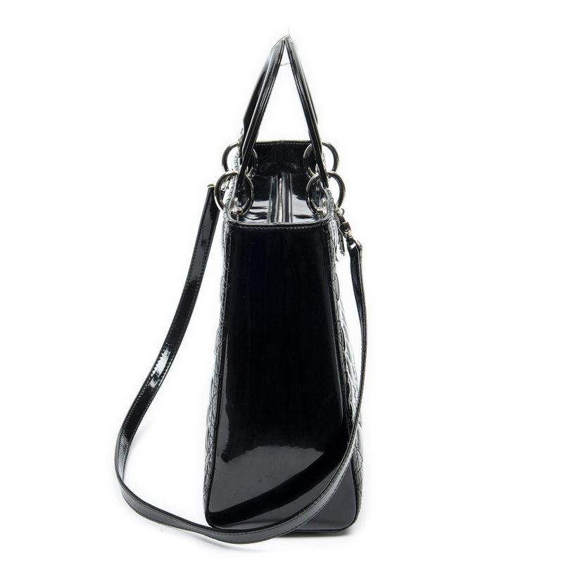 Dior Large Lady Dior Zip Black Cannage Patent Leather Handbag