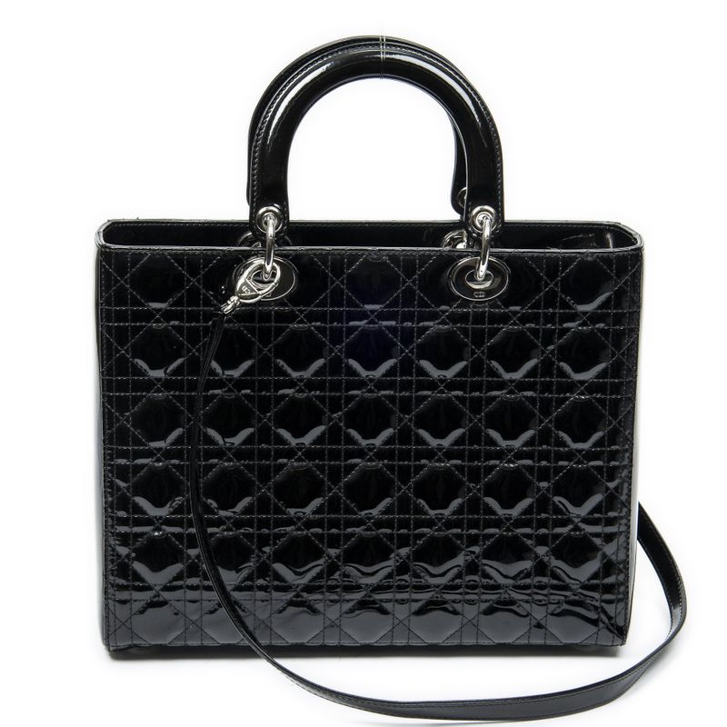 Dior Large Lady Dior Zip Black Cannage Patent Leather Handbag