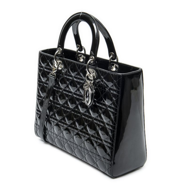 Dior Large Lady Dior Zip Black Cannage Patent Leather Handbag