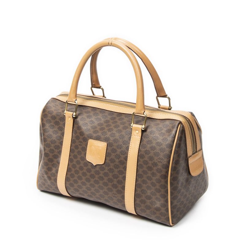 Celine Vintage Small Boston Brown Tan Macadam Canvas Shoulder Bag