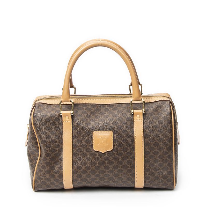 Celine Vintage Small Boston Brown Tan Macadam Canvas Shoulder Bag