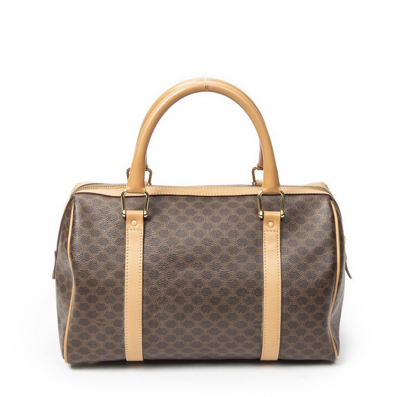 Celine Vintage Small Boston Brown Tan Macadam Canvas Shoulder Bag