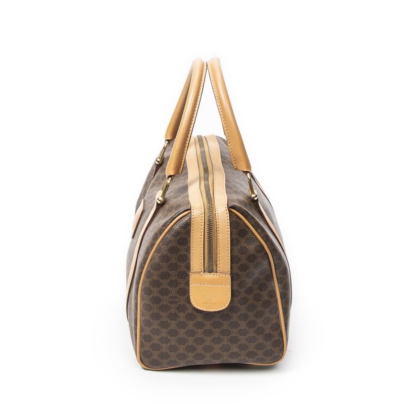 Celine Vintage Small Boston Brown Tan Macadam Canvas Shoulder Bag