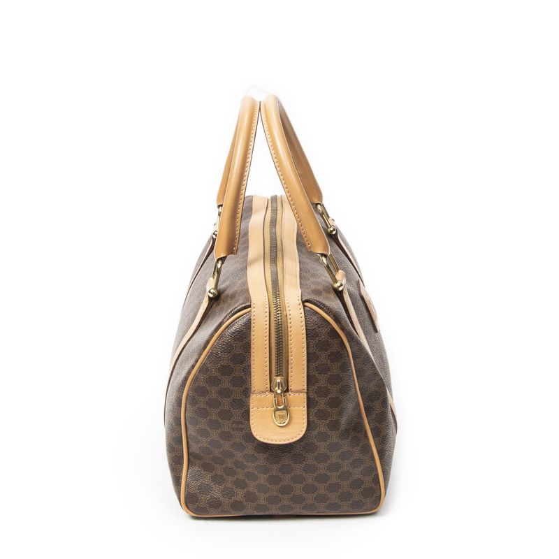 Celine Vintage Small Boston Brown Tan Macadam Canvas Shoulder Bag