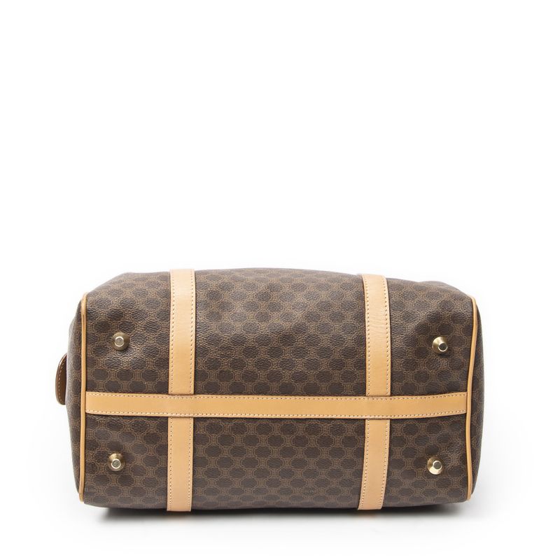 Celine Vintage Small Boston Brown Tan Macadam Canvas Shoulder Bag