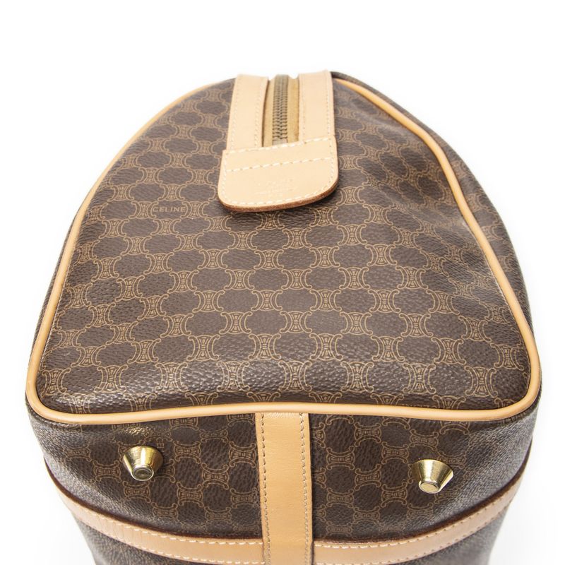 Celine Vintage Small Boston Brown Tan Macadam Canvas Shoulder Bag