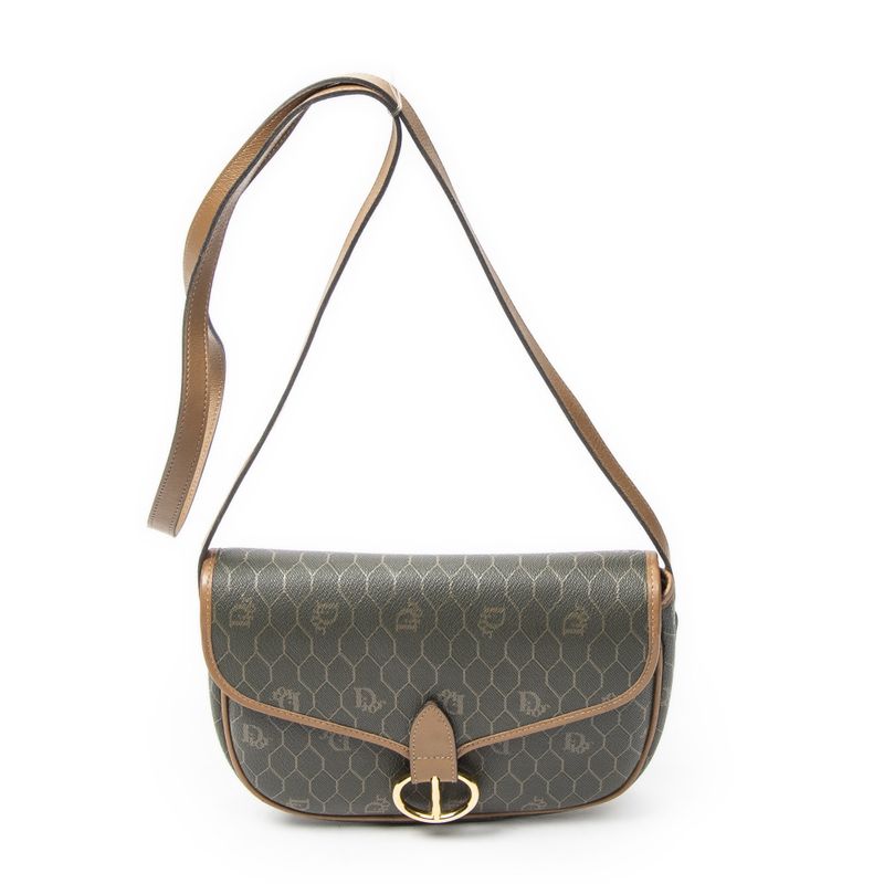 Dior Vintage Flap Crossbody Green Brown Honeycomb Canvas
