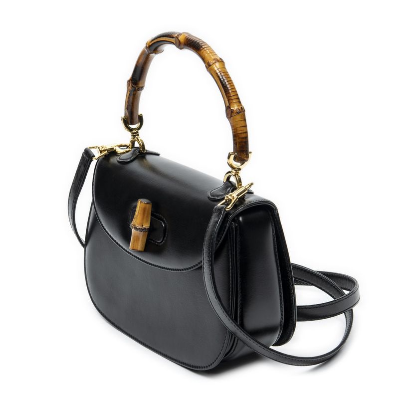 Gucci Small Bamboo Top Handle Flap Black Slim Skirt Fusskin Leather