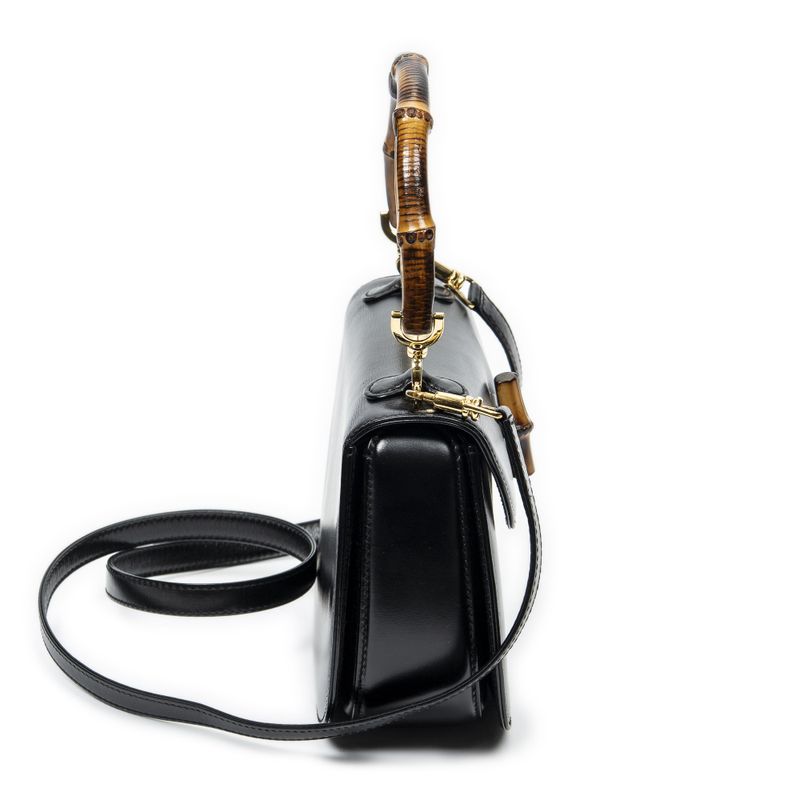 Gucci Small Bamboo Top Handle Flap Black Slim Skirt Fusskin Leather