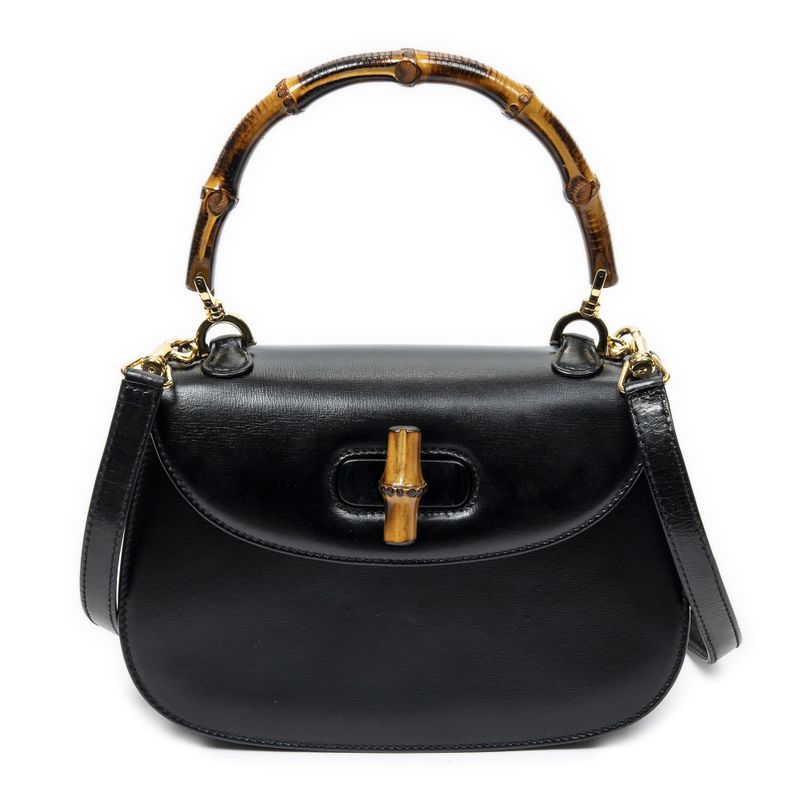 Gucci Small Bamboo Top Handle Flap Black Slim Skirt Fusskin Leather